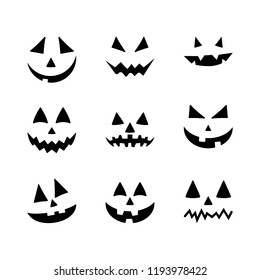 Halloween pumpkin faces icons set. Scary faces isolated on white background. Template for Halloween greeting card poster, brochure or flyer. Vector illustration