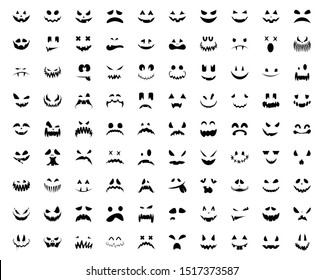 Halloween pumpkin faces icons set.  Big set of scary  pumpkin smile. Template for Halloween greeting card poster, brochure or flyer. Vector illustration.