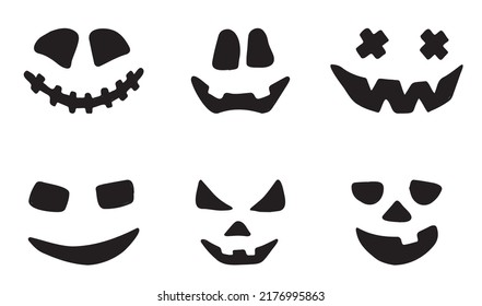 Halloween pumpkin faces icons set. Scary faces isolated on white background. Template for Halloween greeting card poster, brochure or flyer. Vector illustration