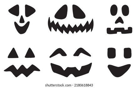 Halloween pumpkin faces icons set. Scary faces isolated on white background. Template for Halloween greeting card poster, brochure or flyer. Vector illustration