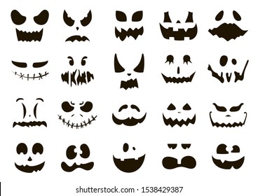Halloween pumpkin faces icons. Halloween smiling masks. Halloween jack o lantern face silhouettes. Monster ghost carving scary eyes and mouth vector icons set.