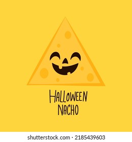 Halloween pumpkin faces on Nacho. Nacho vector. Nachos on yellow background.