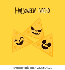 Halloween pumpkin faces on Nacho. Nacho vector. Nachos on yellow background.
