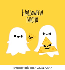 Halloween pumpkin faces on Nacho. Nacho vector. Nachos on yellow background. Cute ghost cartoon vector. Ghost character