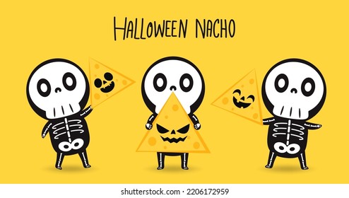 Halloween pumpkin faces on Nacho. Nacho vector. Nachos on yellow background. Cute halloween skeleton cartoon. Skeleton in halloween day. 