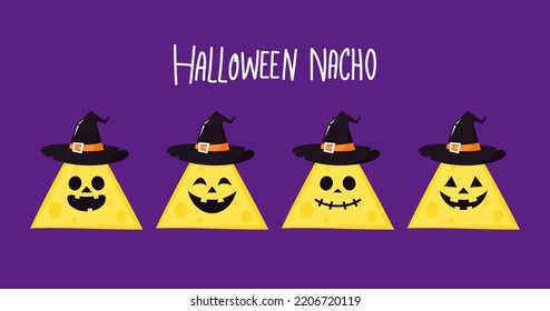 Halloween pumpkin faces on Nacho. Nacho vector. Nachos on purple background.