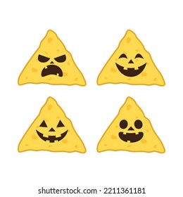 Caras de calabaza de Halloween en Nacho. Vector de Nacho. Nachos de fondo blanco.