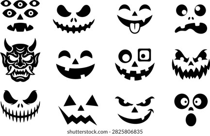 Halloween pumpkin faces, scary expressions, funny, creepy, devilish.