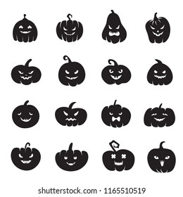 Halloween pumpkin faces. Scary pumpkins bloody with evil smile and eyes. Pumpkin black silhouette to halloween holiday illustration