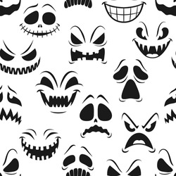 Halloween Pumpkin Faces Seamless Pattern. Vector Background Of Scary Jack O Lantern Monsters Or Horror Ghosts With Carved Faces, Mouths, Evil Smiles, Creepy Eyes And Spooky Teeth, Halloween Backdrop