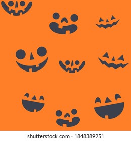 Halloween pumpkin faces seamless pattern. Carved pumpkins texture background.