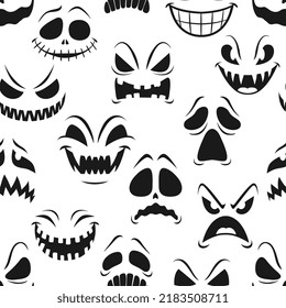 Halloween pumpkin faces seamless pattern. Vector background of scary jack o lantern monsters or horror ghosts with carved faces, mouths, evil smiles, creepy eyes and spooky teeth, Halloween backdrop