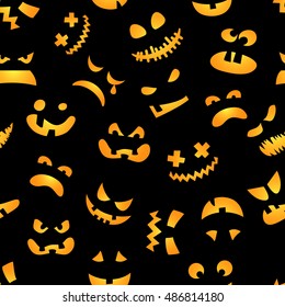 Halloween pumpkin faces seamless pattern. Red jack faces on black background. Vector illustration.