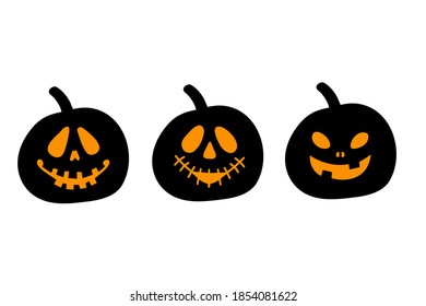 Halloween pumpkin faces set isolated on white. Jack o lantern collection. Pumpkin silhouettes. 