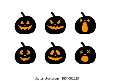 Halloween pumpkin faces set isolated on white. Jack o lantern collection. Pumpkin silhouettes. 