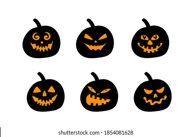 Halloween pumpkin faces set isolated on white. Jack o lantern collection. Pumpkin silhouettes. 