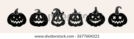 Halloween pumpkin faces set with spooky Jack Lantern  silhouettes. Scary and funny carved icons in vector style. Perfect for stickers, logos, prints, and holiday decorations.