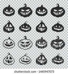 Halloween pumpkin faces vector black silhouette set isolated on a transparent background.