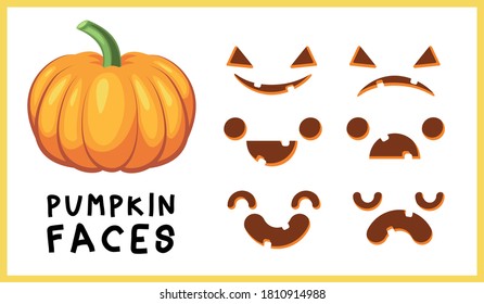 Halloween pumpkin faces. Vector cartoon pumpkin with different variations of faces. Scare, smile,  faces, surprised, sad faces for halloween party