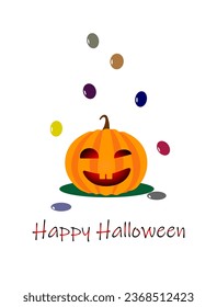 Halloween pumpkin and falling candies. Cartoon sweets, glowing pumpkin and lollipops. A holiday treat. October 31, All Saints' Day, international holiday, Western Europe and America
