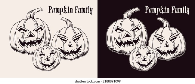 Halloween pumpkin family with glowing eyes, grinning smile, scary grimace. Stylization for human face. Traditional jack o lantern. Monochrome vector illustration isolated on a white, black background.