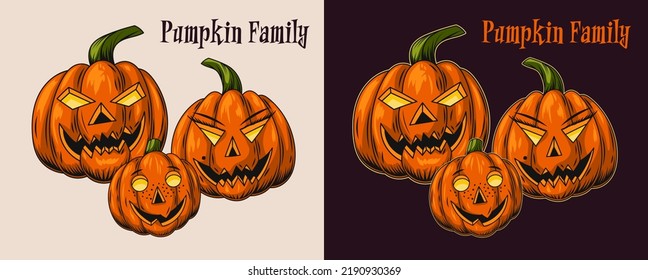 Halloween pumpkin family with glowing eyes and grinning smile, scary grimace. Stylization for human face. Traditional jack o lantern. Vector illustration isolated on a white and black background.