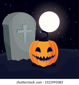 halloween pumpkin with fear face in cemetery scene vector illustration design