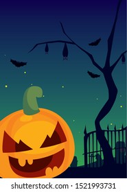 halloween pumpkin with fear face in cemetery scene vector illustration design