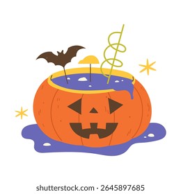 Halloween pumpkin with a festive cocktail and a straw