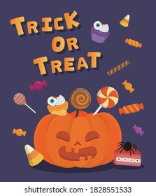 Halloween pumpkin filled with all kinds of candy biscuits, cartoon comic vector illustration, card