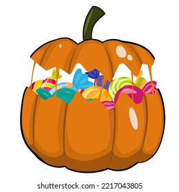Halloween pumpkin filled with candy. A scary basket of sweets. Halloween elements on a white background.