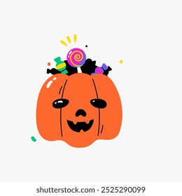 Halloween pumpkin filled with candy symbolizing fun, celebration, and festive spirit, flat vector illustration isolated on white background.