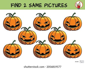 Halloween pumpkin. Find two same pictures. Educational game for children. Cartoon vector illustration