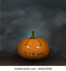 Halloween pumpkin with fire eyes on the wooden plank floor in the mystic room, the design in vector illustration format