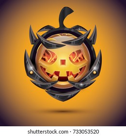 Calabaza de Halloween con llamas de fuego en las armas. Ilustración vectorial. 3.ª Emoji Smiley.