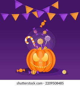 Halloween pumpkin with flag garlands, sweets and candies