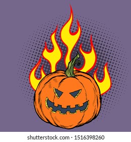 Halloween pumpkin in the flames of hell. Pop art retro vector illustration kitsch vintage drawing