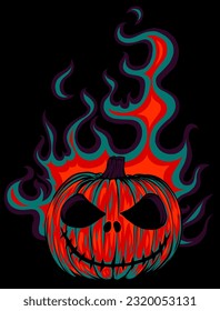 halloween pumpkin with flames on black background. vector illustration design