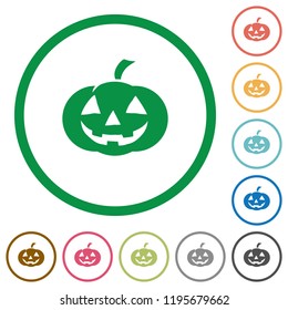 Halloween pumpkin flat color icons in round outlines on white background