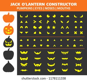 Halloween Pumpkin flat icons set. Sign kit face constructor. Character Creation pictogram collection nose, mouth, cute smile Simple jack o lantern cartoon halloween pumpkin vector icon symbol isolated