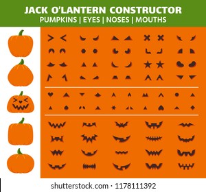 Halloween Pumpkin flat icons set. Sign kit face constructor. Character Creation pictogram collection nose, mouth, cute smile Simple jack-o-lantern cartoon halloween pumpkin vector icon symbol isolated