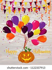Halloween. Pumpkin flies on balloons. Confetti and garland of flags. Greeting card or invitation to a party. Vector on wooden background.