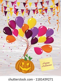 Halloween. Pumpkin flies on balloons. Confetti and garland of flags. Greeting card or invitation to a party. Yellow sheet of paper for notes. Sticker. Vector on wooden background.