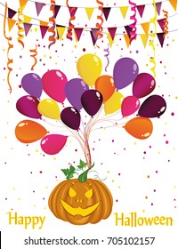Halloween. Pumpkin flies on balloons. Confetti and garland of flags. Greeting card or invitation to a party. Vector.