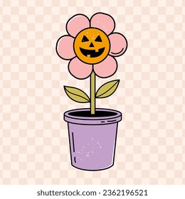 Halloween Pumpkin Flower. Halloween clipart for halloween party, halloween designs, cards, invitations, fabrics, prints, stickers. Retro vector Illustration.