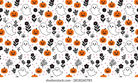 Halloween pumpkin and flower pattern. Spooky orange and black floral design. Seasonal decorative texture