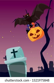 halloween pumpkin and flying bat in cemetery scene vector illustration design