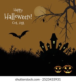 Halloween pumpkin and flying bat in cemetery scene vector illustration design