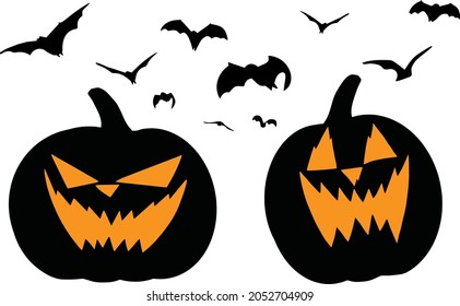 Halloween pumpkin and flying bats with evil face vector