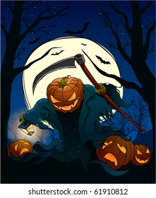 Halloween pumpkin flying over the cemetary with a lantern